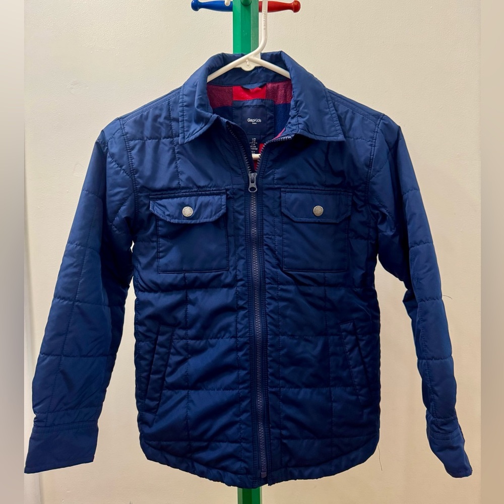GAP GapKids Navy Blue Four Pocket Quilted Jacket w/ Buffalo Check Lining